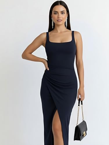 Image of Women's Sleeveless Midi Dress, Square Neck, Ruched Side, Bodycon Style with Slit