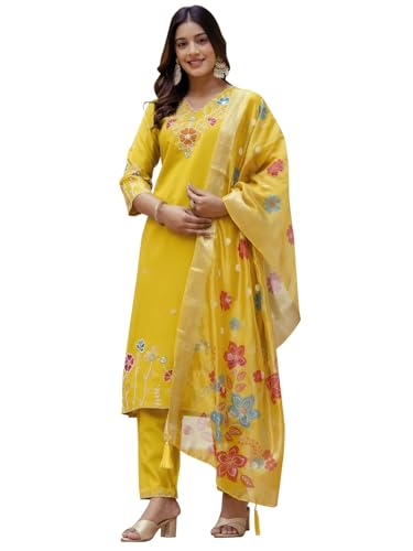 Image of VredeVogel Women's Beads Embroidered Silk Blend Kurta Pant Set with Organza Dupatta | Perfect for Festive & Casual Ethnic Kurta Set for Women