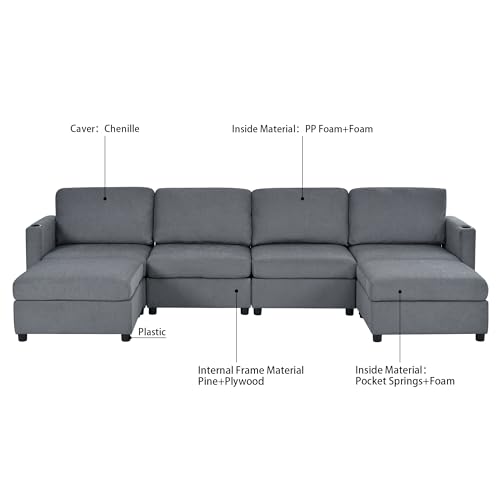 Image of QHITTY Convertible U Shaped Modular Sofa with Cup Holder, Sectional Couch with Storage Space, Living Room Sofa Bed- Grey