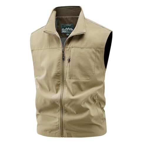 Men's Oversize Multi Pockets Vest Solid Color Lapel Collar Zipper Sleeveless Shirts Outdoor Cargo Work Waistcoat Plus Size