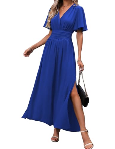 JENJON Femme Robe Longue Col V Elegant Manches Courtes d'été Taille Haute Plissée Elastique Casual Fente Maxi Robes