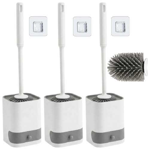 Image of Pack of 3 Silicone Toilet Brush with Holder Stand, Bathroom Toilets Bowl Cleaning Brush with Non-Slip Long Handle Floor Standing Holder & Wall Mounted Without Drilling Quick Drying Holder Set