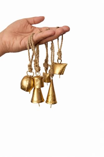 Image of Rustic Brass Hanging Bells Pack of 6 | Vintage Mini Bells with Rope for Home Decor, Diwali Pooja, Wall Art, Christmas & Craft Use
