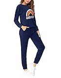 HOTOUCH Velour Leisure Suits Womens Long Sleeve Letter Print Sweatsuit Two Piece Casual Pullover Tracksuit Velvet Jogging Suit With Pockets Plus Size, Navy Blue XXL