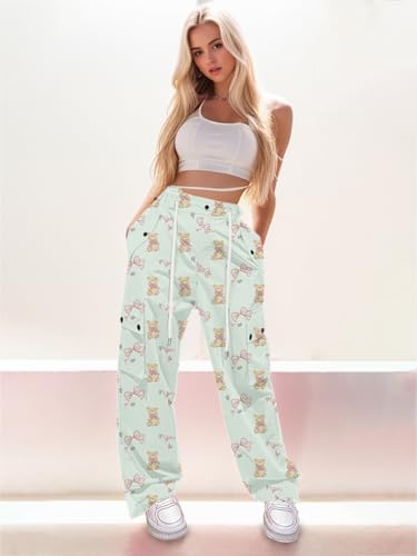 Image of Cromoncent Girls High Waist Parachute Pants Y2K Cargo Trousers with Pockets for Women, Green Bear, 11-12 Years = Tag 160