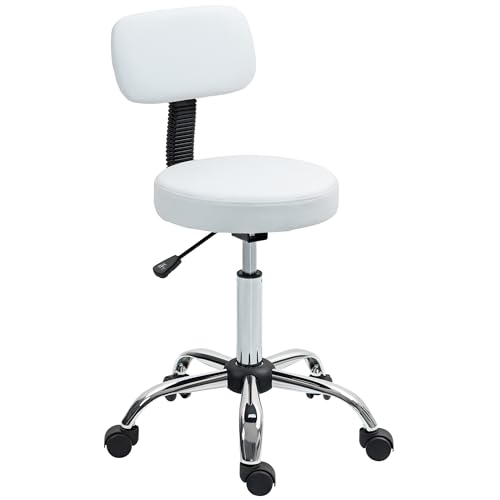 HOMCOM Taburete con Ruedas Giratorio, Taburete de Trabajo con Respaldo Desmontable, Altura Regulable, Tapizado en Cuero Sintético, para Oficina, Dormitorio, Blanco