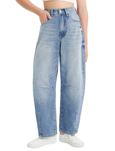EXARUS Girls Wide Leg Jeans Baggy Barrel Cropped Ankle Length Denim Pants Mid Rise Elastic Band with Pockets Kids 6-14Y