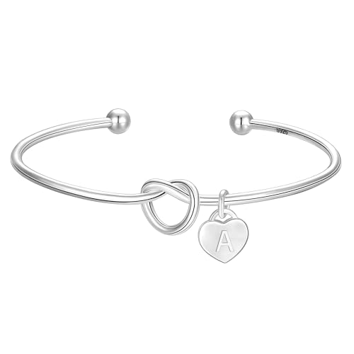 Diorra Initial Bracelet for Women, S925 Sterling Silver Bracelets Personalized Heart Charm Knot Cuff Bangles Valentine's Day Gifts for Women Girls