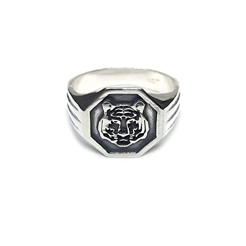 Bague en argent sterling tigre pour homme avec anneau large poinçonné 925