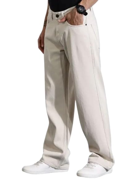 comfits Men's Loose Fit Baggy Denim Jeans, Beige, Casual Plain Style-picture-31