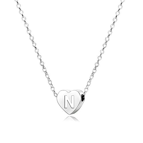 KENYG S925 Silver A-Z Capital Initial Heart Pendant Necklaces for Women Girls Lady for Christmas Birthday Graduation,Women Choker Tiny Necklaces Fashion Jewellery (N)