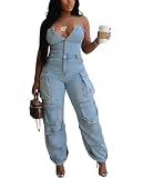 Voghtic Denim Jumpsuit for Women Sleeveless Off Shoulder V Neck Button Down Multi Pockets Cargo Jeans Rompers Overalls