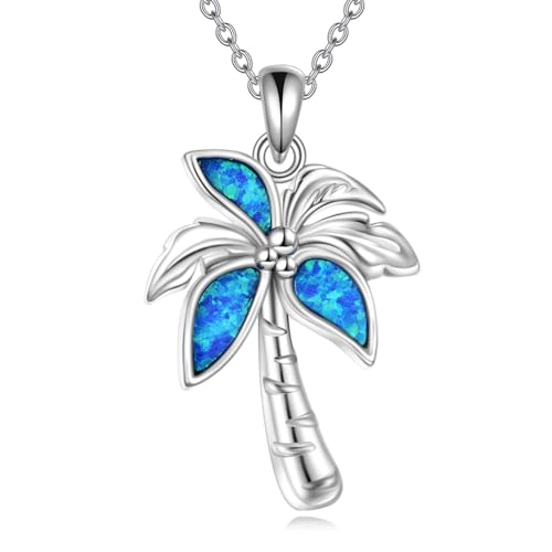POPLYKE Opal Palm Tree Pendant Necklace 925 Sterling Silver Coconut Tree Necklaces for Women Tropical Hawaiian Beach Jewelry Holiday Birthday Gifts