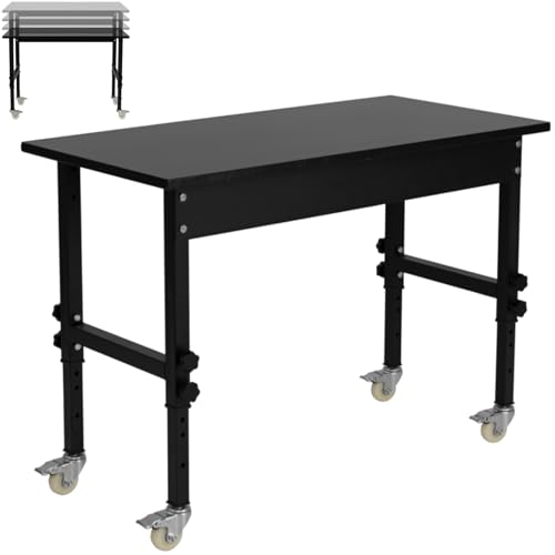 GiantexUK Adjustable Workbench, Bamboo Top Heavy-duty Work Bench with 10-level Heights and 4 Lockable Wheels, 500kg Load Capacity Hardwood Worktable for Home Office Garage Workshop (Black)