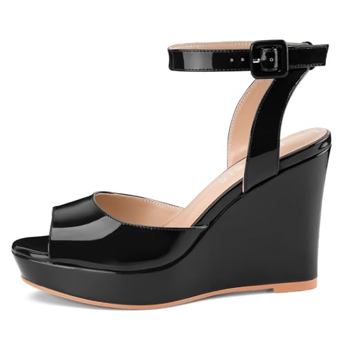 Women's Dressy Platform Wedge Sandals Gold Wedges Peep Toe Patent High Heels Slingback Heeled Comfortable Ankle Strap Shoes2