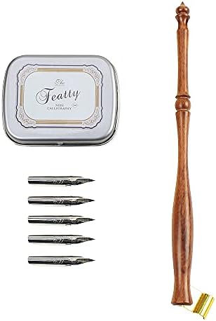 FEATTY 1 Set Dip Pen Wooden English Calligraphy Oblique Nib Holder With Mini Box and 5 Nibs (Sharp Style Set)