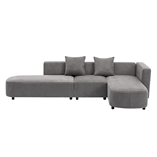 Kevinplus 110'' Modern Sectional Sofa Curved Round Seat Couch With Chaise Lounge For Living Room, Contemporary Luxury Upholstered 4-Seat Sofa Couch For Apartment, Chenille Fabric & 2 Pillows, Grey #TOP6