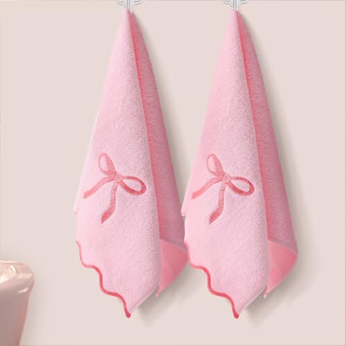 Fanfanwin 2 Pcs Pink Scalloped Hand Towels for Bathroom 26 x 13 Embroidery Coquette Bow Hand Towels 100% Cotton Soft Absorbent Boho Bath Decor for Kitchen Bathroom