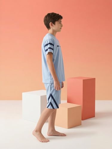 Image of Li'l Tomatoes Boys 100% Cotton Night Suit Set | Half Sleeve T-Shirt & Shorts | Color Block & Typography Print | Soft & Breathable Sleepwear | Casual Summer Wear | 9-16 Years