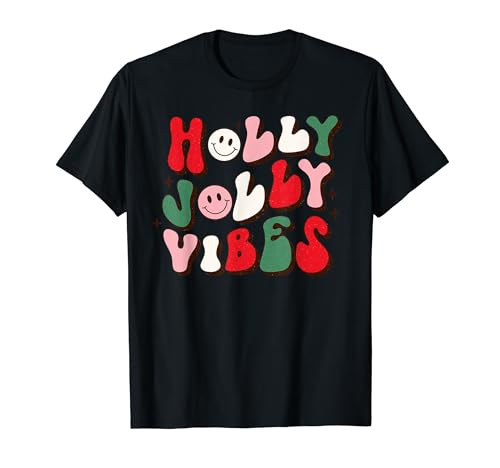 Holly Xmas Jolly Vibes Smile Face Retro Groovy T-shirt de Noël T-Shirt