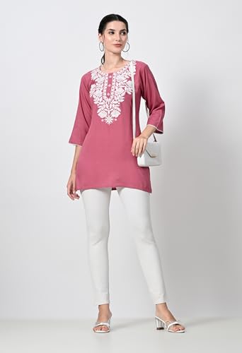Image of LIBOZA Kurti for Women - Short Chikankari Kurtis for Girls, Lakhnawi Tunic Top Kurta Design for Ladies, Woman Ethnic Kurthis & Shirt with Sleeve