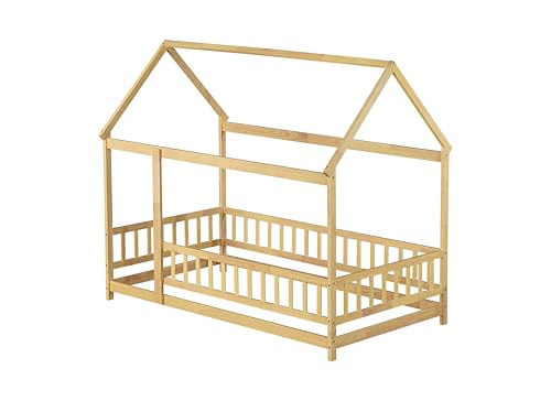 PVWIIK Twin Size Montessori Floor Bed with Roof & Fence for Boys Girls Bedroom,Twin Size Platform Solid Wood Bed Frame w/Safety Guardrails,Easy Assemble,No Box Spring Needed, Natural