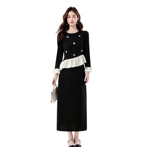 JYHBHMZG Conjunto de falda de manga larga con volantes florales vintage para mujer, Negro, L