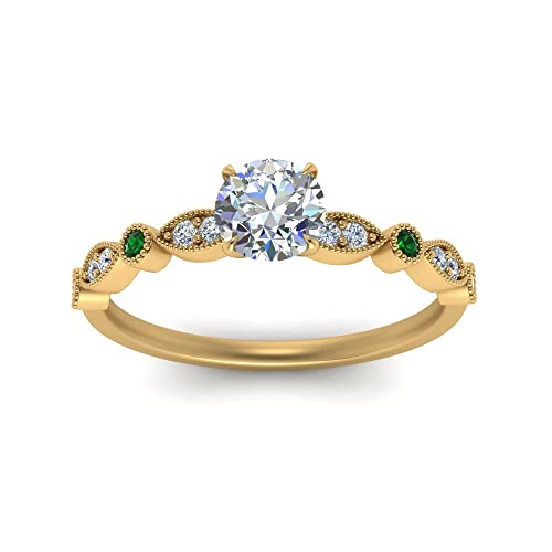 Image of Choose Your Gemstone Vintage Scalloped Diamond CZ Ring Yellow Gold Plated Round Shape Milgrain Engagement Rings Matching Jewelry Wedding Jewelry Easy to Wear Gifts US Size 4 to 12