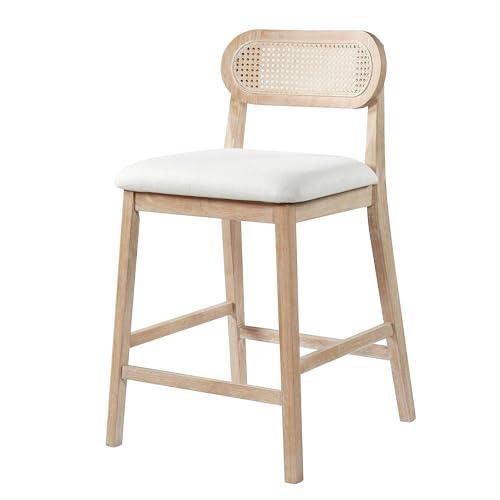 Christopher Knight Home Kaylin Modern Counter Height Bar Stools Set of 2, Upholstered Bar Stool for Kitchen Island, Wood Dining Room Chair with Rattan Back, Counter Stool with Footrest, Natural+Beige by Christopher Knight Home - Used condition - Image 4