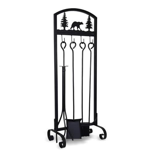 SCENDOR 5 Pieces Fireplace Tools Set 31 Inch Wrought Iron Fire Place Pit Poker Holder Brush and Stand Accessories Set Christmas Animal Pattern Outdoor Indoor