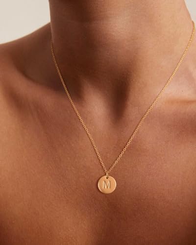 Bemoly Initial Necklace for Women Round 11MM Coin Disc Double Side Engraved Letter A-Z Hammered Pendant 14K Gold Plated Personalized Alphabet Birthday Jewelry 17.5"2