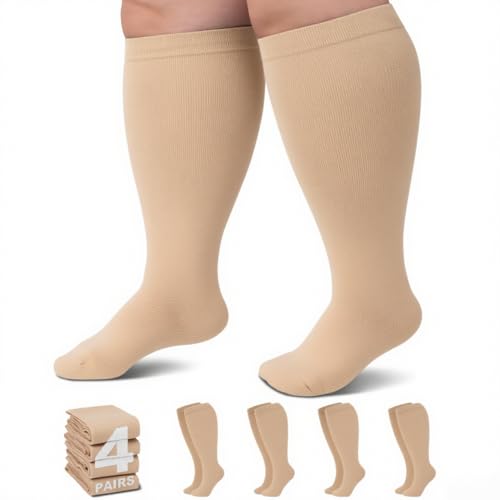 Image of Plus Size Compression Socks for Women Men Wide Calf L /XL-5XL (15-20mmhg) Knee High Socks Support Compression Stockings for Nurses and Flying