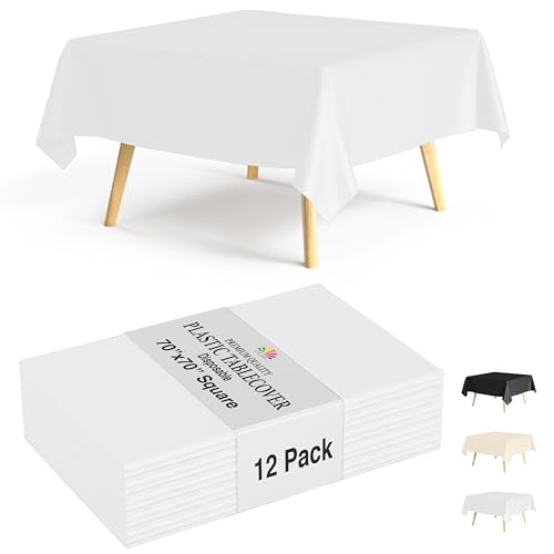 Party Solids 12-Pack White Square Plastic Disposable Tablecloth – Size: 70 × 70 Inches – Square Table Cover for Parties, Picnics & Formal Events