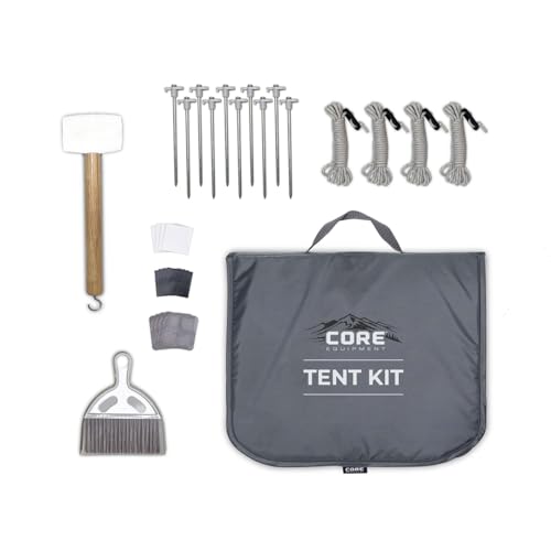 CORE Outdoor All in One Camping Kit | Perfect Camping Accessories with Portable Carry Bag | Easy Camp Setup and Takedown with The Included Mallet, Stakes, Dustpan and Guylines