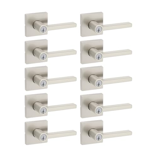 Image of Kwikset Halifax Entry Door Handle with Lock and Key, Secure Keyed Reversible Lever Exterior, For Front Entrance and Bedrooms, Satin Nickel, 10 Pack, Pick Resistant SmartKey Rekey Security and Microban