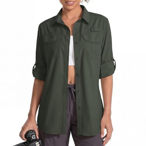 La Mejor Recopilación de Ropa de Pesca para Mujer los 5 mejores. 46 Camisa de manga larga UPF 50 para mujer, safari, senderismo, pesca, rápida y con protección UV, con botones, para jardinería, Verde militar, Small