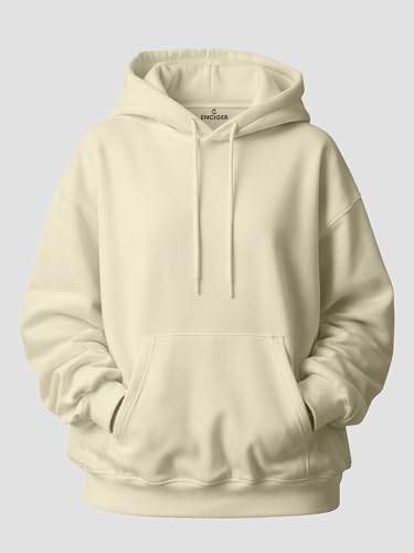 Image of Mens Drop Shoulder White Hoodie | Oversized Look Cotton Blend Fleece | Pullover Sweatshirt with Hood & Kangaroo Pocket | Winter Casual Wear
