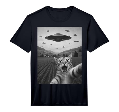 Funny Surprised Scared Cat Selfie with Alien UFO Cat UFO Performance T-Shirt