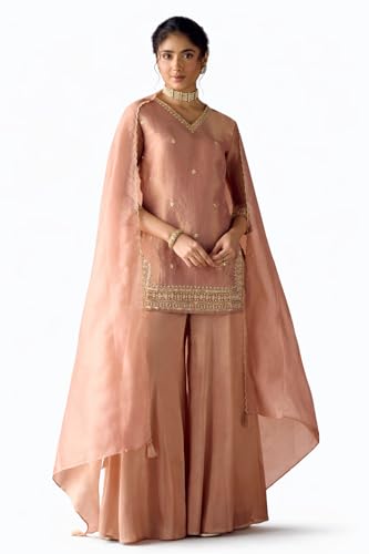 Image of FIORRA Women Peach Tissue Blend Hand Embroidered Kurta Set with Dupatta