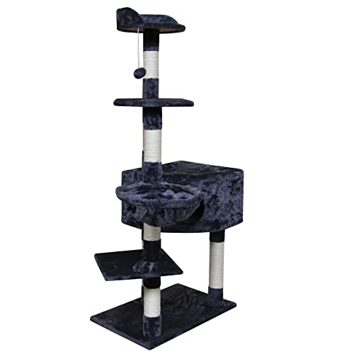 NYVI Katzen Kratzbaum Piacenza 141 cm groß Dunkelblau - Deluxe Katzenbaum mit Katzenhöhle, Plattform, Fellball, Hängematte und Sisal Kratz Säule - Stabiles und Robustes Katzenhaus Cover