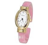 Blekon Collections Women's Round, Oval, Rectangle Case Shapes Acrylic Tortoise Shell Color Design Cuff Bangle Watch ((Gold/White/PinkPearl/Oval))