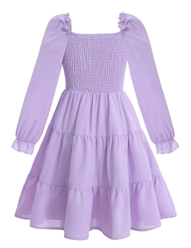  Girls' Long Sleeve Casual Dresses with Bow Tie and Square Neck (5-12 Years)