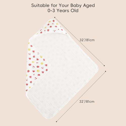 Image of PHF 100% Muslin Cotton Baby Hooded Towels, 2 Pack Bath Towel with Hood for Newborn, Infant, Toddler, Ultra Soft and Absorbent Baby Bath Essentials, Shower Gifts for Girls, 32x32Inch, Fruits