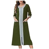 Women's Zipper Robe 3/4 Sleeve Housecoats Long Nightgown Full Length House Dress Patchwork Loungewear with Pockets Army Green