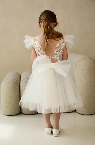 Lace Applique Flower Girl Dress for Wedding Tulle Bow-Knot Ball Gowns Ruffle Sleeves V-Back First Communion Dresses2