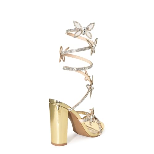 Wild Diva Women's Morris-581 Rhinestone Butterfly Detail Spiral Coil Wrap Around Chunk Heel4