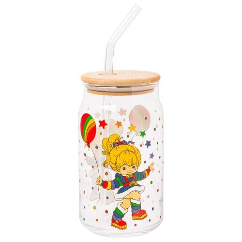 Silver Buffalo Rainbow Brite Balloon Stars Glass Jar Tumbler with Bamboo Lid and Glass Straw, 16 Ounces