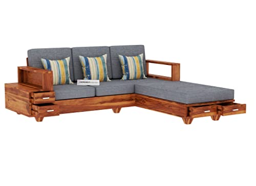 Image of Sheesham Wood 4 Seater L Shape Sofa Set with 2 Drawer Storage | 3+1 Wooden Sofa Set Furniture for Living Room Home Office (Honey Finish)