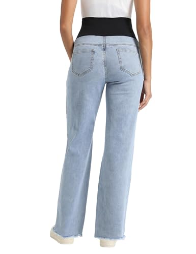 Gowjog Damen Umstandsjeans über dem Bauch Geradem Bein Roher Saum Jean Umstandshose Denim Schwangerschaftsjeans mit Taschen (Hellblau,M)