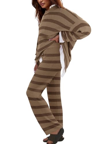 LAMISSCHE Oversized Womens Lounge Set Striped Sweater Set Long Sleeve 2 Piece Pajama Set Top and Pants with Pockets2